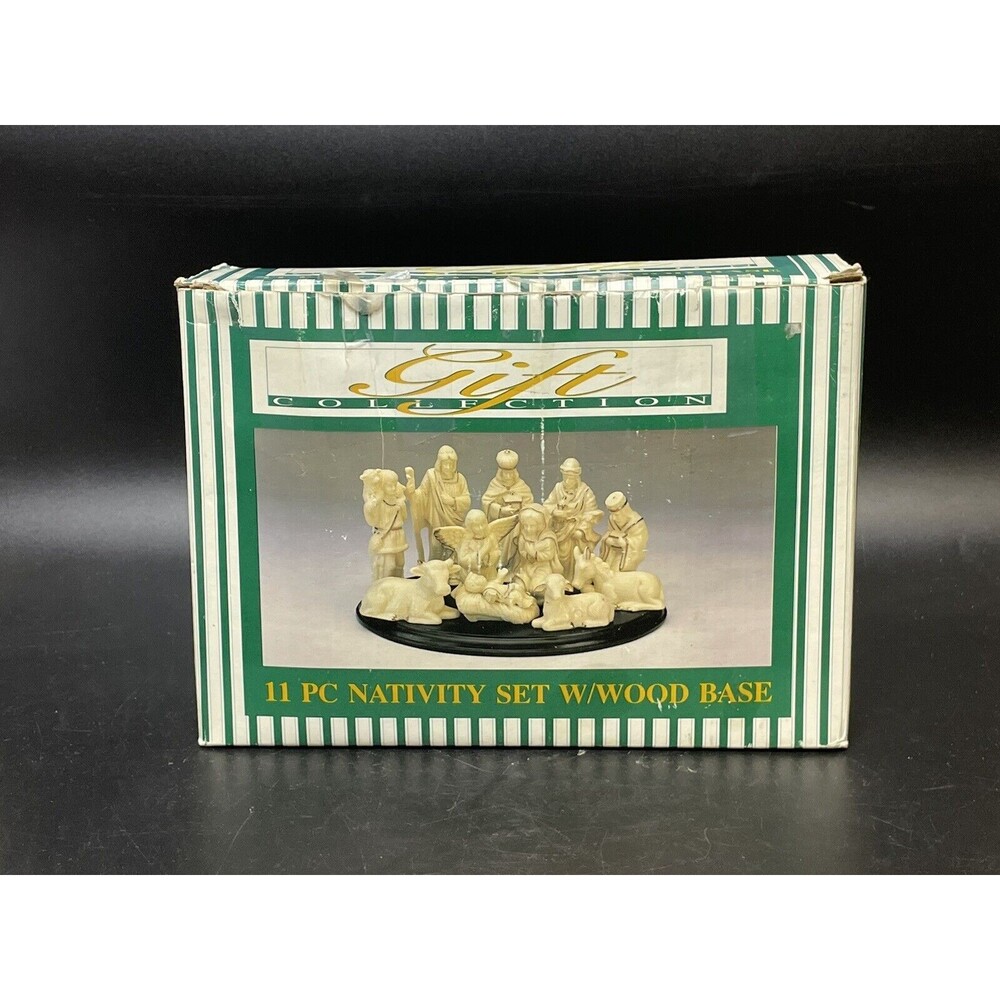 Nativity Scene w/Wood Base, 11-PC Porcelain Set, Gold Trim Accents Christmas